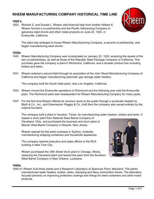 rheem manufacturing company historical time line - Ashraemadison ...