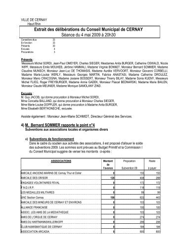 Délibération des Subventions aux Associations 2009 - Cernay