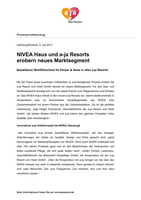 Nivea Haus Und A Ja Resorts Erobern Neues Marktsegment