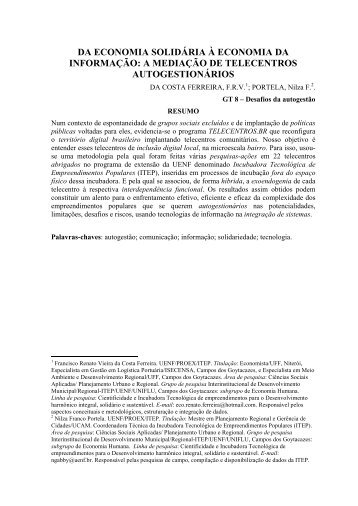 DA ECONOMIA SOLIDÁRIA À ECONOMIA DA  INFORMAÇÃO: A MEDIAÇÃO DE TELECENTROS  AUTOGESTIONÁRIOS