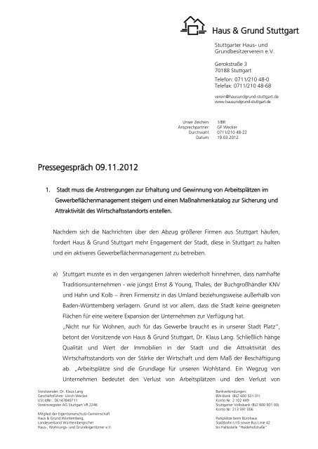 Pressegespräch 09.11.2012 Haus & Grund Stuttgart