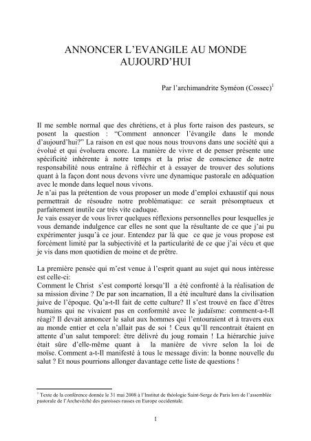 ANNONCER L'EVANGILE AU MONDE AUJOURD'HUI - Orthodoxie