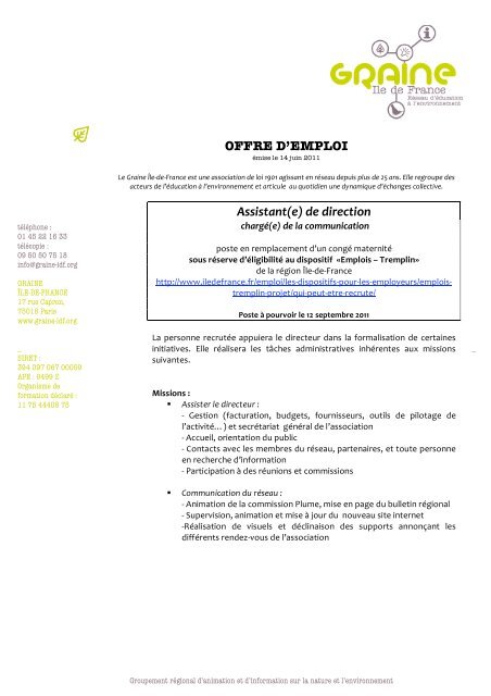 OFFRE D'EMPLOI Assistant(e) de direction