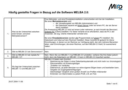 HÃ¤ufig gestellte Fragen in Bezug auf die Software MELBA 2.0: