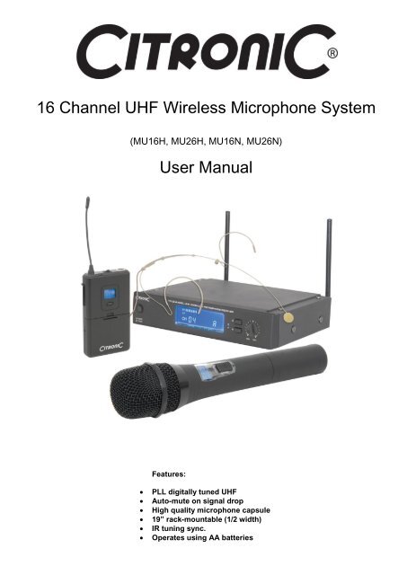 16 Channel UHF Wireless Microphone System User Manual