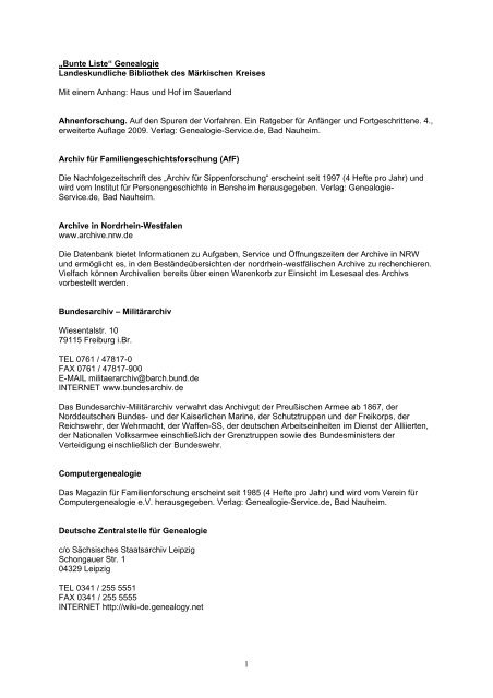 1 „Bunte Liste“ Genealogie Landeskundliche ... - Märkischer Kreis
