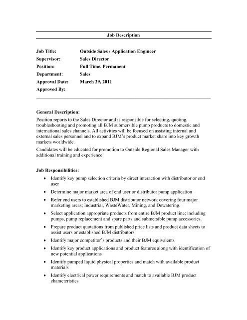 Job Description Job Title: Outside Sales / Application ... - BJM Pumps