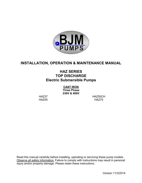 HAZ-Series Operation Manual - BJM Pumps