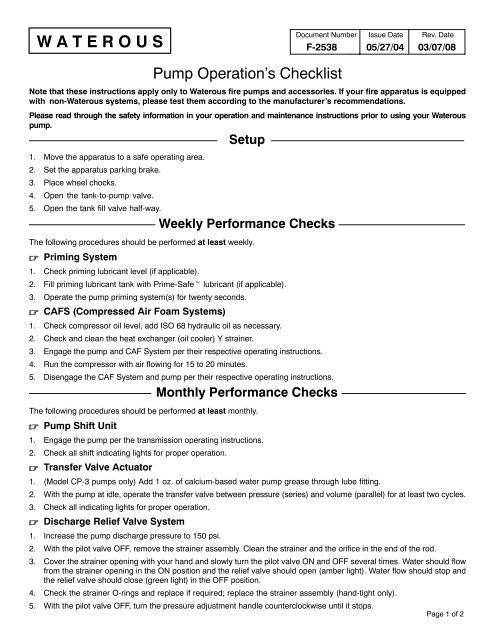 Pump Operation's Checklist - Waterous