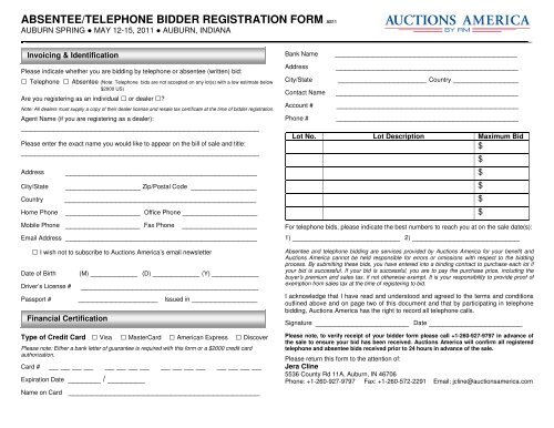 absentee/telephone bidder registration form as11 - Auctions America