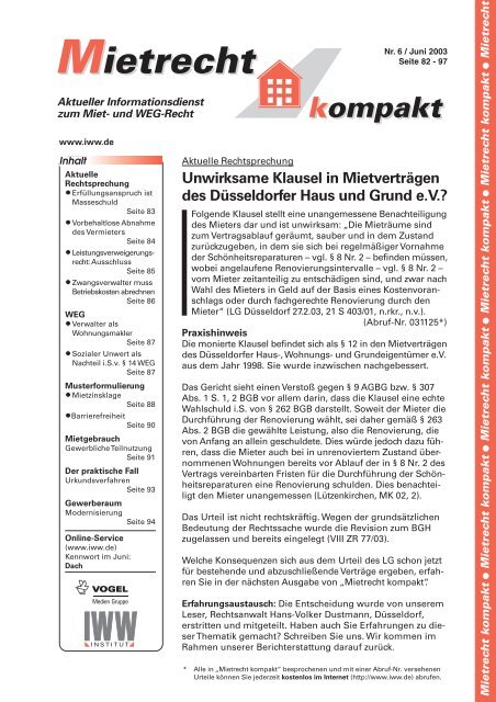 Unwirksame Klausel In Mietverträgen Des Düsseldorfer Haus Und