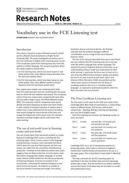 Vocabulary use in the FCE Listening test - Cambridge English Exams