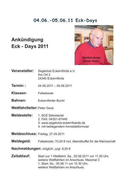 Ankündigung Eck - Days 2011 - Segelclub-Eckernförde