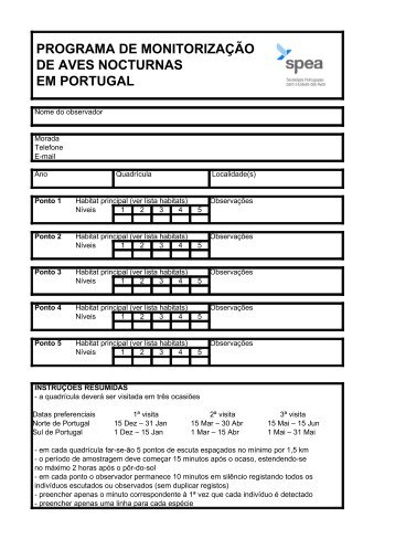 Ficha de campo para registo dos dados - spea