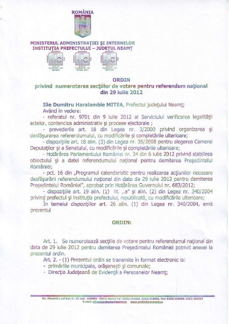 Ordinul Prefectului nr. 192 din 09.07.2012 ... - Prefectura Neamt