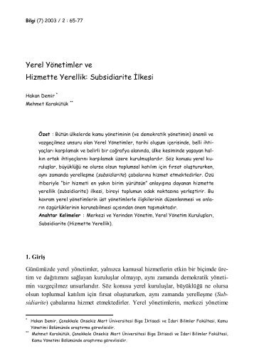 Yerel YÃ¶netimler ve Hizmette Yerellik: Subsidiarite Ä°lkesi