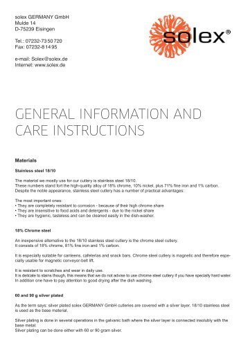 general information and care instructions - solex GERMANY GmbH