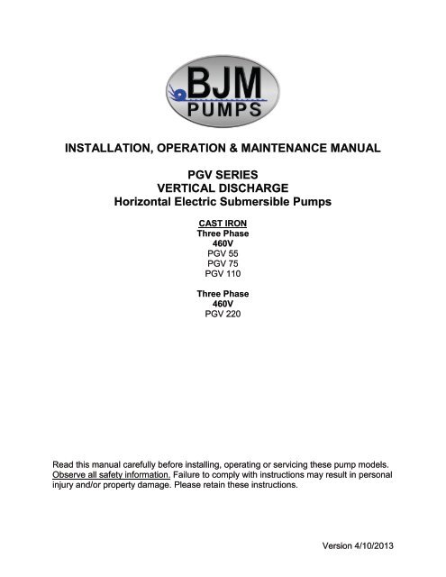 PGV-Series Operation Manual - BJM Pumps