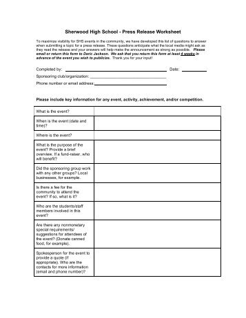 Sherwood High School - Press Release Worksheet - Mccpta.com