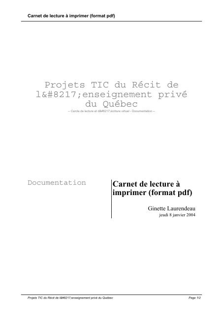 Carnet de lecture à imprimer (format pdf) - Récit de l'enseignement ...