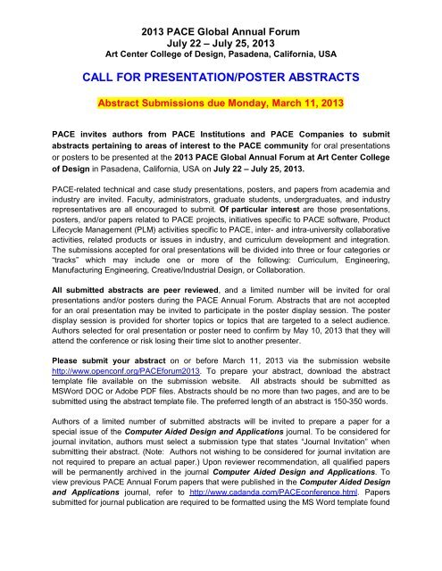 CALL FOR PRESENTATION/POSTER ABSTRACTS - PACE