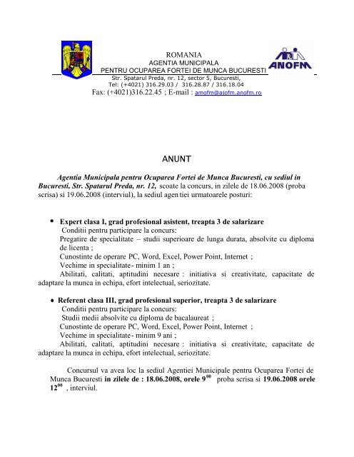 Anunt ocupare posturi vacante AMOFM Bucuresti - ANOFM