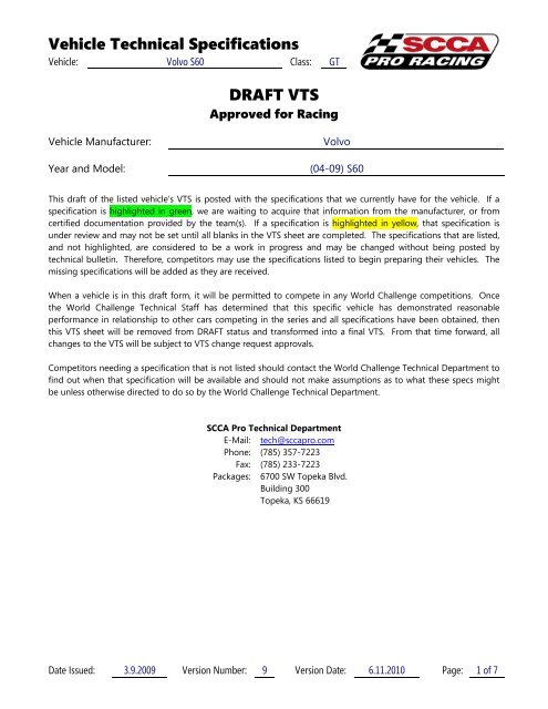 Vehicle Technical Specifications DRAFT VTS - SCCA Pro Racing