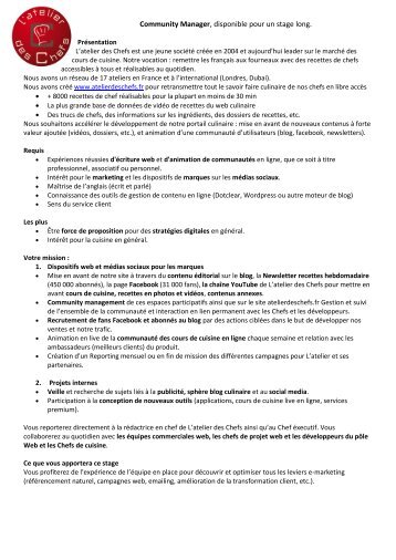 Community Manager, disponible pour un stage ... - l'Atelier des Chefs