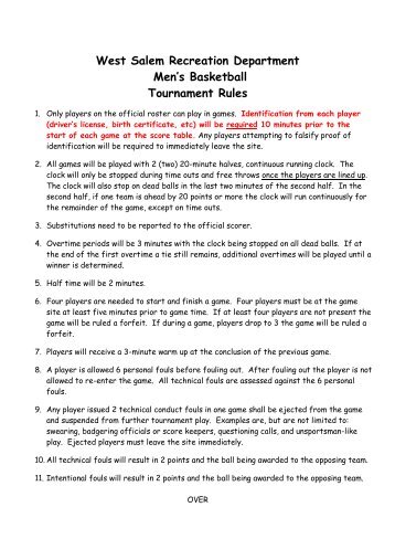 Men's Basketball Tournament Rules - Village of West Salem