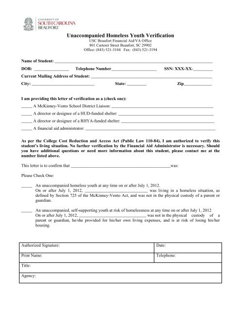 2012-2013 Unaccompanied Homeless Youth Verification Form
