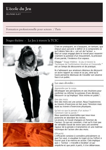 Stages théâtre - Le Jeu à travers la TCIC - Ecole du jeu