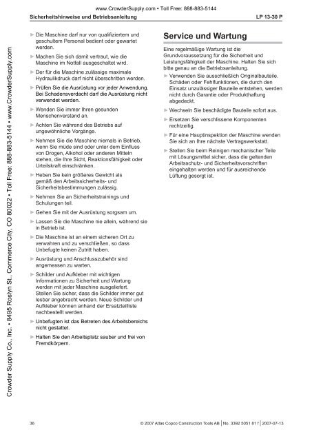 Safety and Operating instructions - Crowder Hydraulic Tools