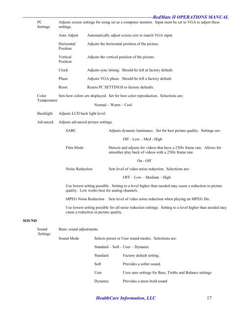 13.3” LOW VOLTAGE BedMate II DTV Operations Manual - Hci