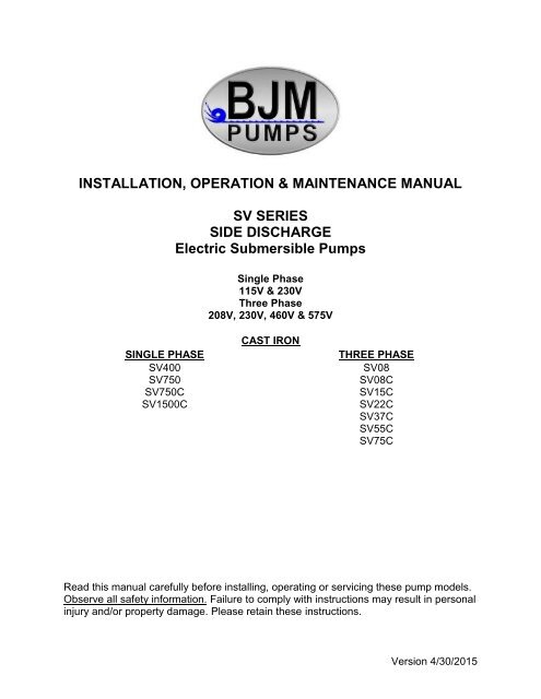 SV-Series Operation Manual - BJM Pumps
