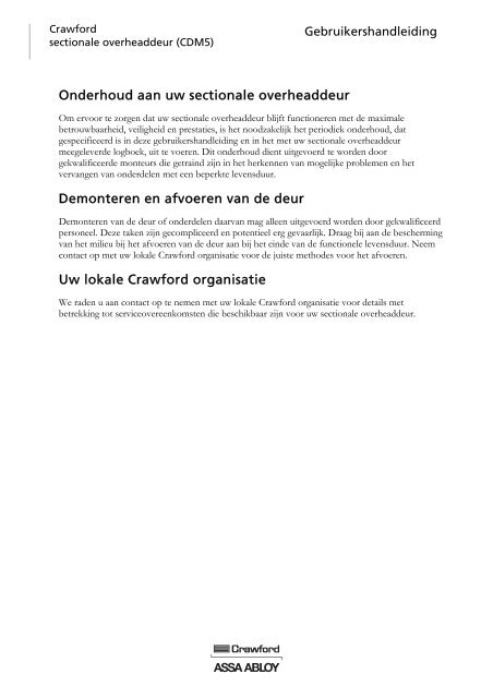 Crawford sectionale overheaddeur (CDM5) Gebruikershandleiding