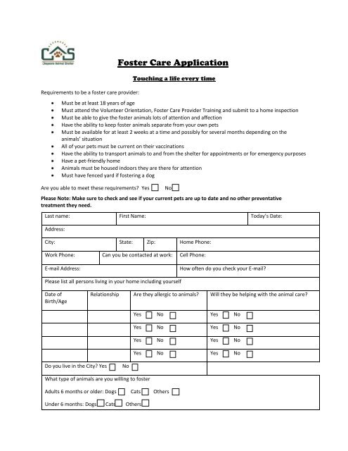 Download Foster Care Application - Cheyenne Animal Shelter