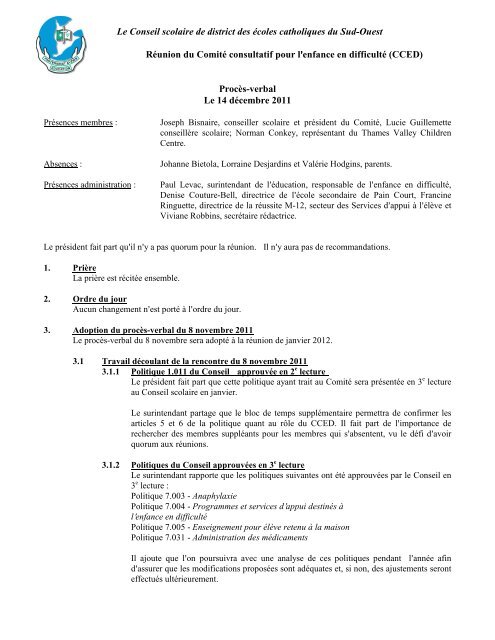 CCED proces verbal 14 dÃ©cembre 2011 - Conseil scolaire ...