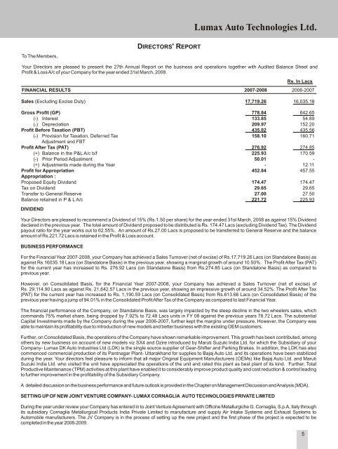 Year Ended March 31, 2008 - Lumax Auto Technologies Ltd.