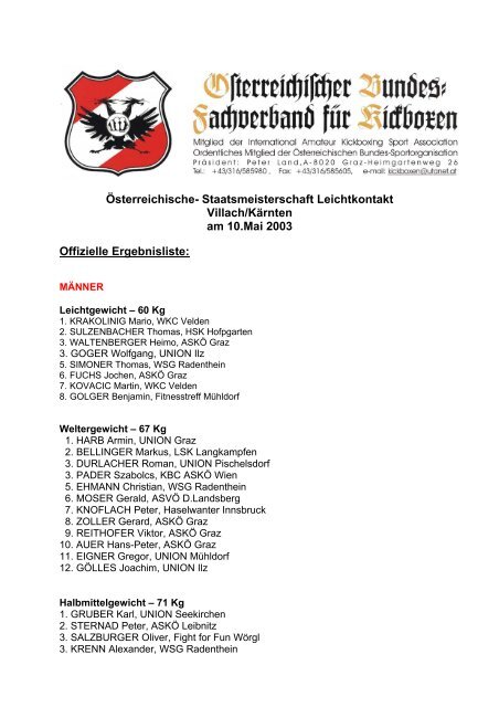 offizielle Ergebnisliste - HSK Kickboxing Hopfgarten