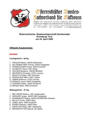 offizielle Ergebnisliste - HSK Kickboxing Hopfgarten