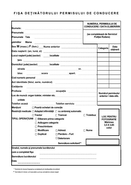 Fisa detinatorului de permis de conducere