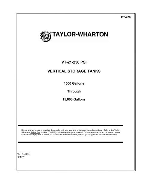 VT-21-250 PSI VERTICAL STORAGE TANKS - Taylor-Wharton