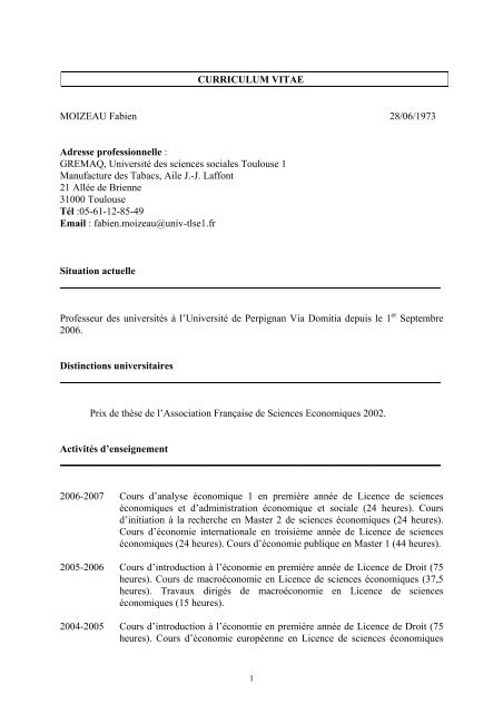 CURRICULUM VITAE MOIZEAU Fabien 28/06/1973 Adresse ...