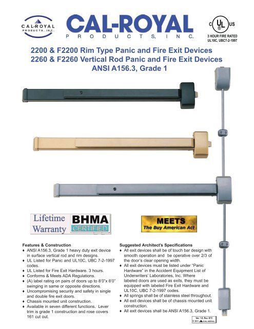 2200 & F2200 Rim Type Panic and Fire Exit Devices ... - Cal-Royal