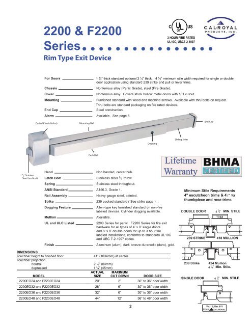 2200 & F2200 Rim Type Panic and Fire Exit Devices ... - Cal-Royal