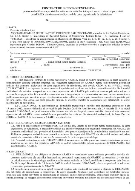 CONTRACT DE LICENTA NEEXCLUSIVA pentru radiodifuzarea ...