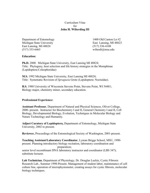 Curriculum Vitae for John H. Wilterding III Department of Entomology ...