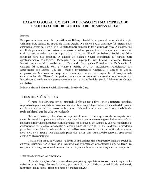 balanÃ§o social: um estudo de caso em uma empresa ... - Ccn.ufsc.br