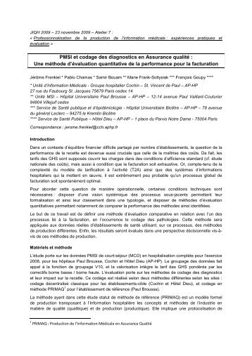 PMSI et codage des diagnostics en Assurance qualité : Une ... - JIQHS