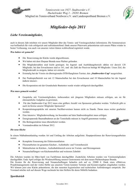 Mitglieder-Info 2011 - Tennisverein von 1927 - Stadtwerder eV